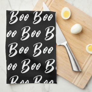 Halloween Black and White boo text pattern Tea Towel