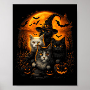 Halloween Black And White Cats With Pumpkins Full Poster