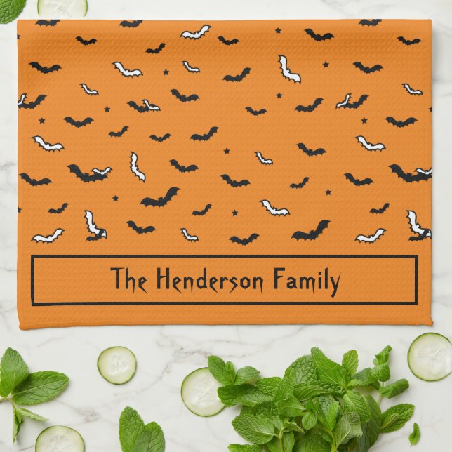 Halloween Black and White Flying Bats Pattern Tea Towel (Folded)