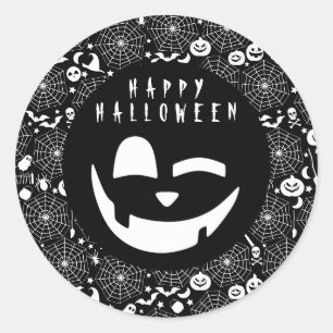 Halloween Black and White Pumpkin Happy Face Classic Round Sticker