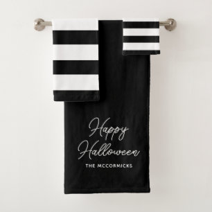 Halloween Black And White Script Text Personalised Bath Towel Set