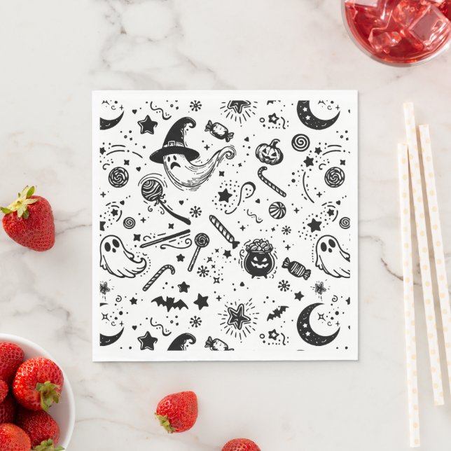 Halloween Black And White Spooky Birthday Party Napkin (Insitu)