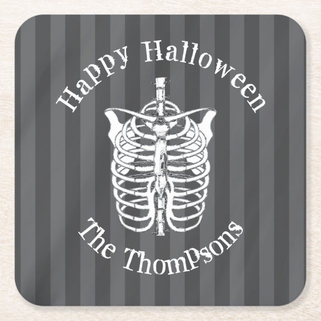 Halloween Black and White Spooky Skeleton Square Paper Coaster (Front)