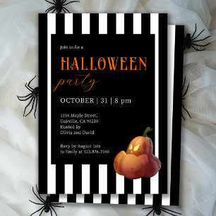  Halloween Black and White Striped Pumpkin Party Invitation