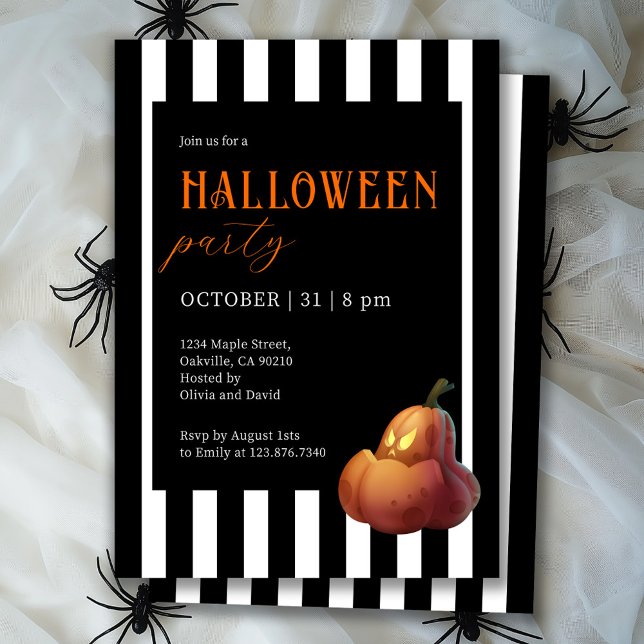  Halloween Black and White Striped Pumpkin Party Invitation (Creator Uploaded)