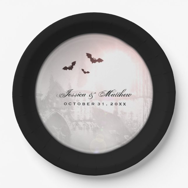 Halloween Black Bats Gothic Wedding Matching Plate (Front)