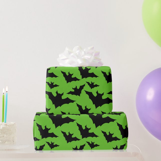 Halloween black bats green cool spooky pattern wrapping paper (Party Gifts)