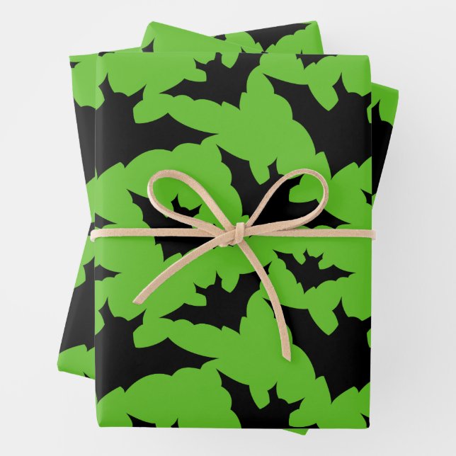 Halloween black bats green cool spooky pattern wrapping paper sheet (In situ)