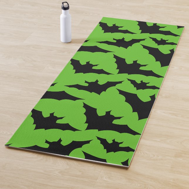 Halloween black bats green cool spooky pattern yoga mat (In Situ)
