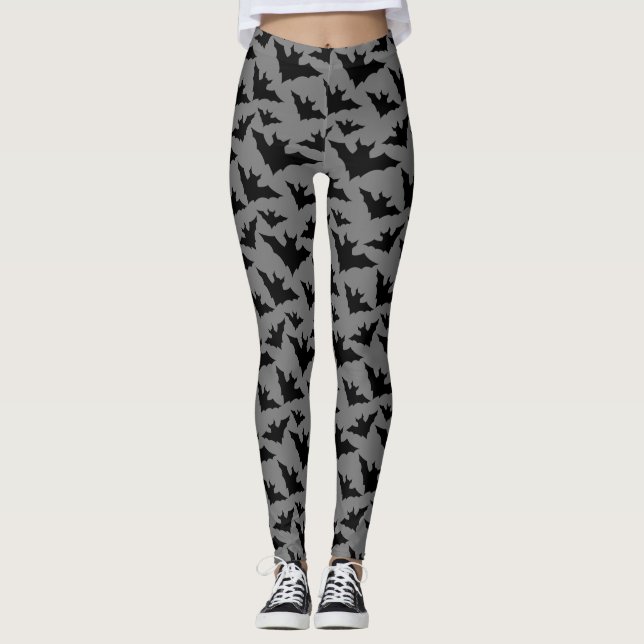 Halloween black bats grey cool spooky pattern leggings (Front)