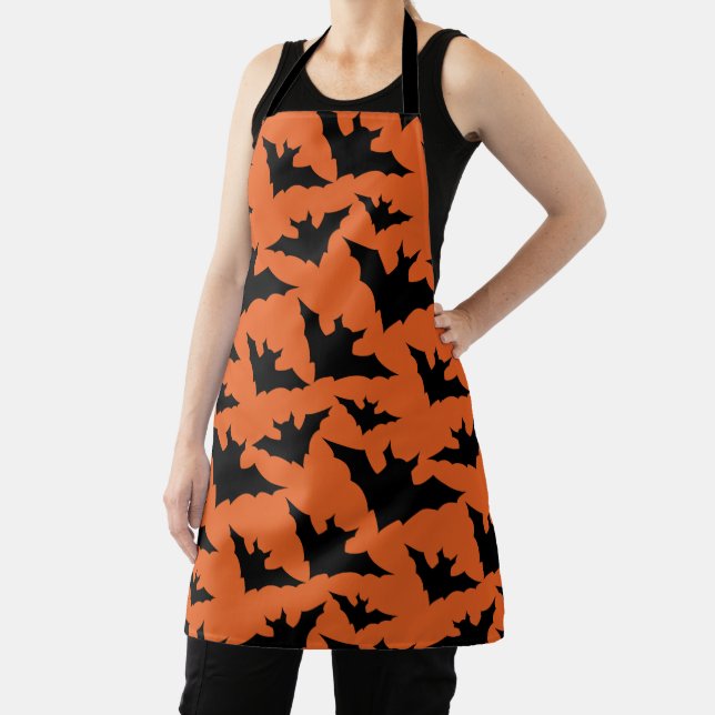 Halloween black bats orange cool spooky pattern apron (Insitu)