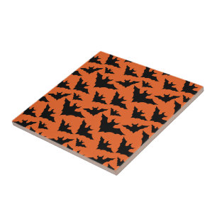 Halloween black bats orange cool spooky pattern ceramic tile