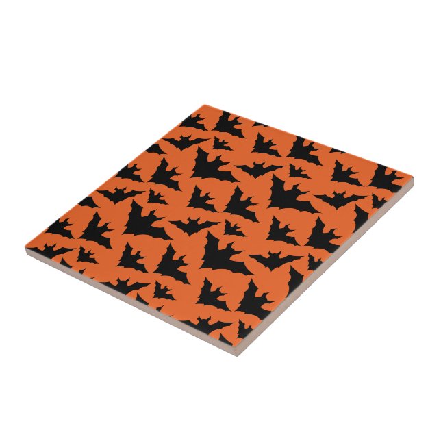 Halloween black bats orange cool spooky pattern ceramic tile (Side)