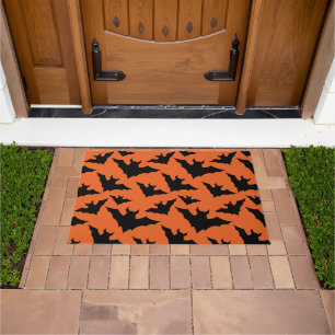 Halloween black bats orange cool spooky pattern doormat