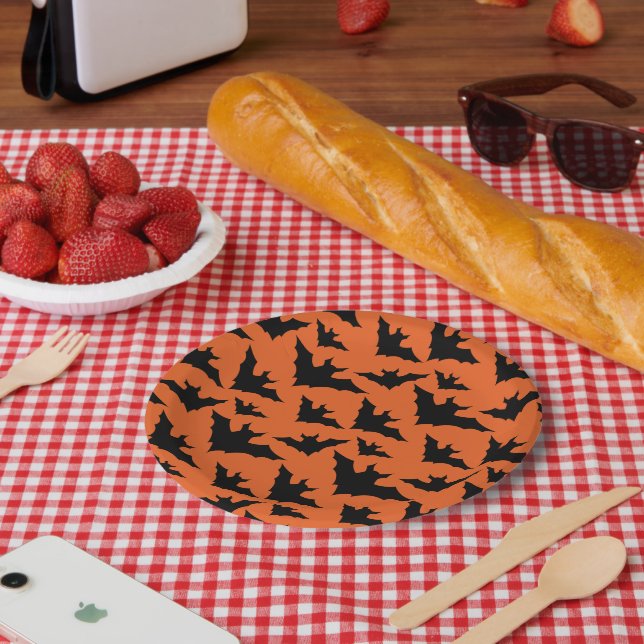 Halloween black bats orange cool spooky pattern paper plate (Picnic)