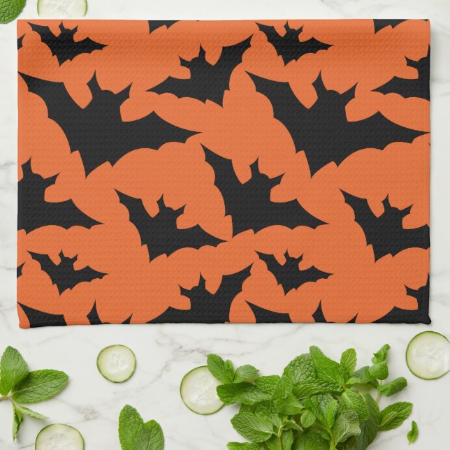 Halloween black bats orange cool spooky pattern tea towel (Folded)