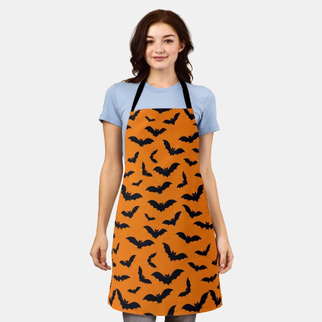 Halloween Black Bats Orange Seamless Pattern Apron (Worn)