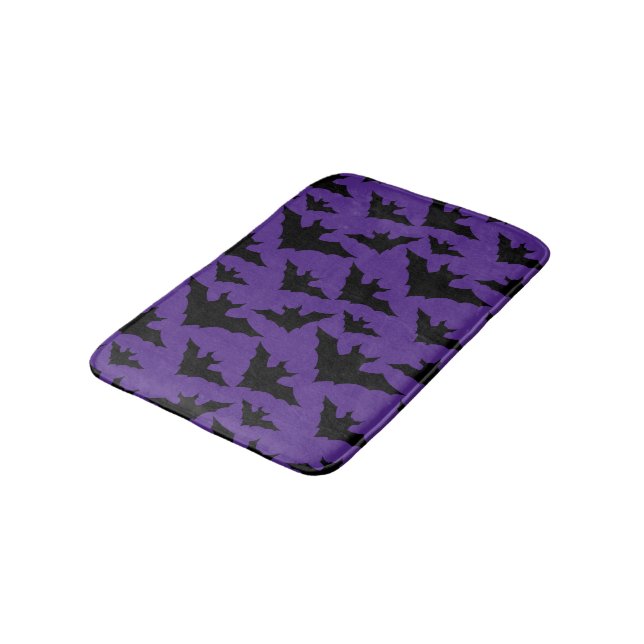 Halloween black bats purple cool spooky pattern bath mat (Angled)