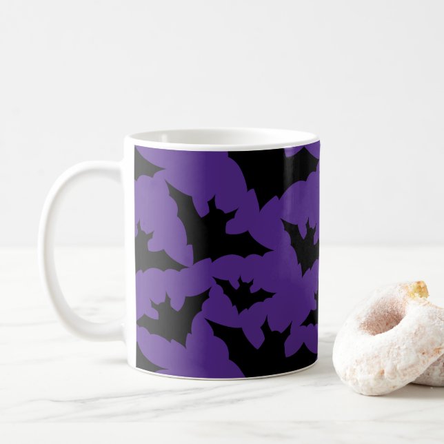 Halloween black bats purple cool spooky pattern coffee mug (With Donut)