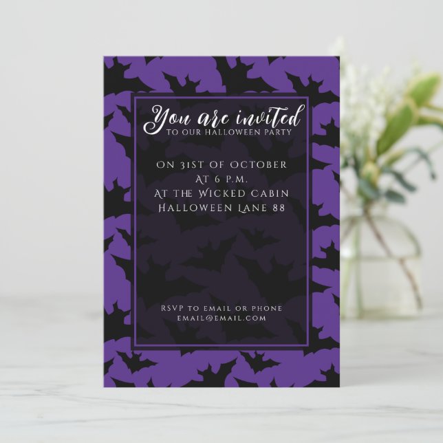 Halloween black bats purple cool spooky pattern invitation (Standing Front)