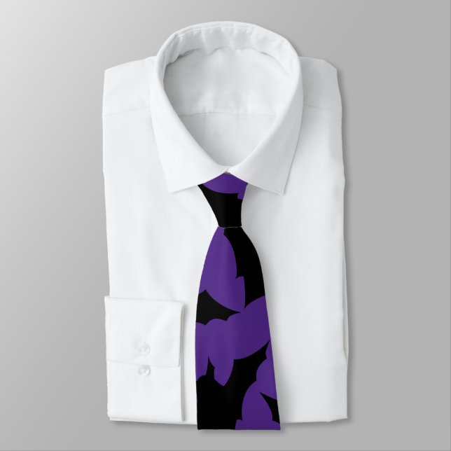 Halloween black bats purple cool spooky pattern tie (Tied)
