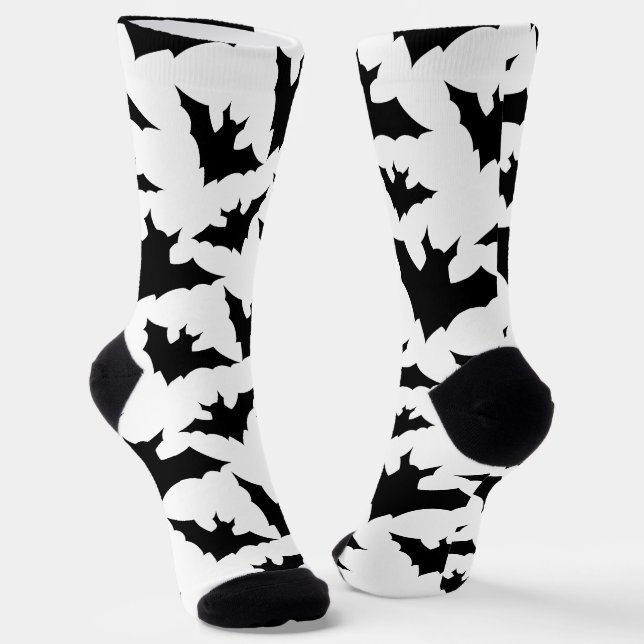 Halloween black bats white cool spooky pattern socks (Angled)