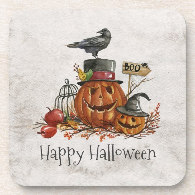 Halloween Black Bird and Pumpkins | Coaster (Front)