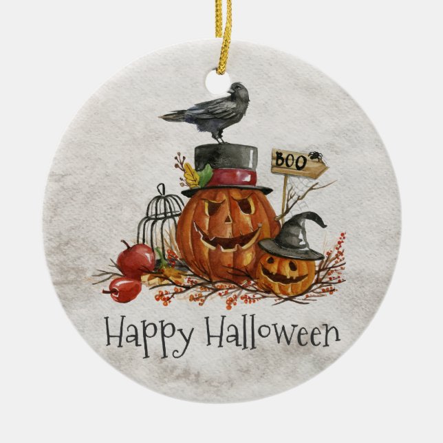 Halloween Black Bird and Pumpkins | Ornament (Front)
