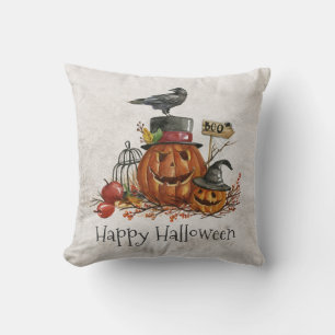 Halloween Black Bird and Pumpkins   Throw Pillow