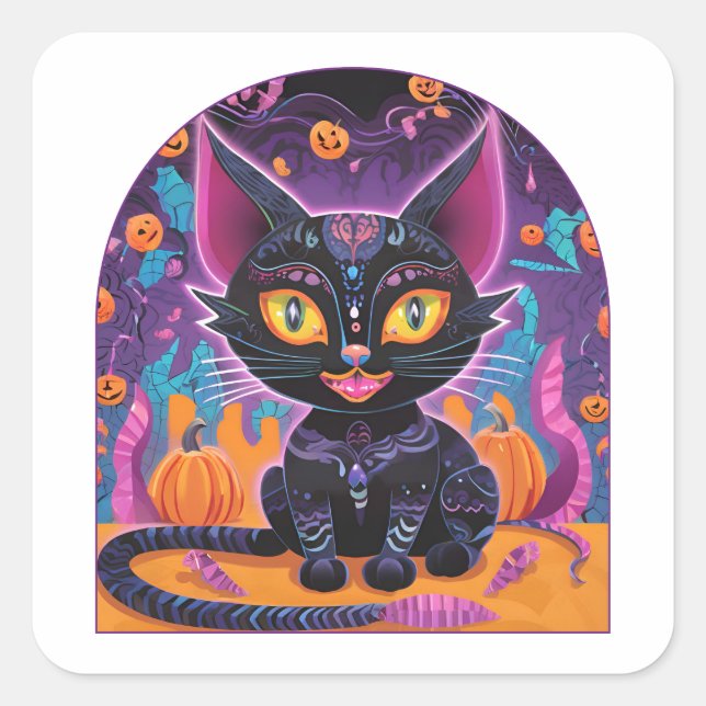 Halloween Black Cat Alebrije Square Sticker (Front)