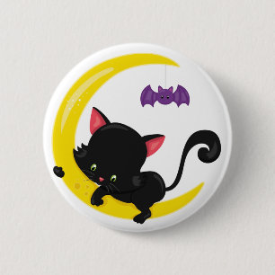 Halloween Black cat and Bat on Crescent Moon 6 Cm Round Badge