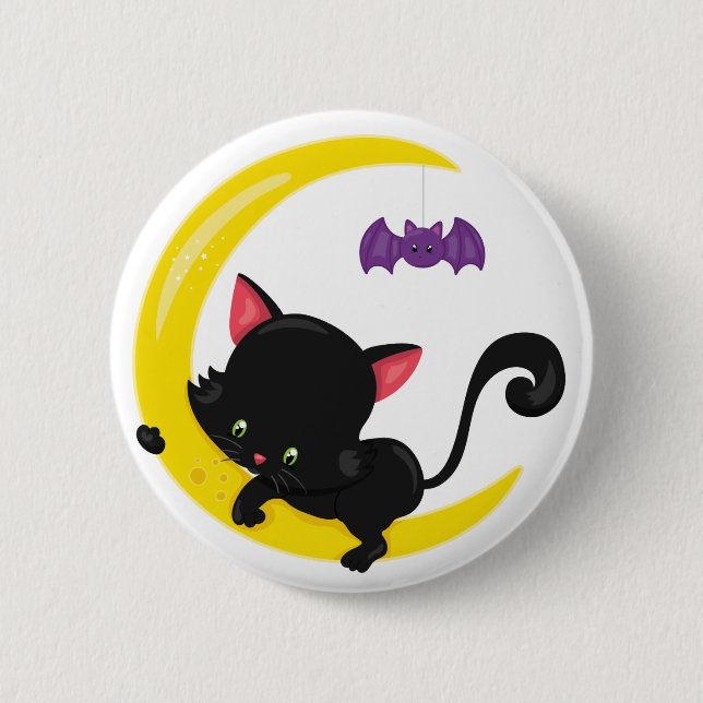 Halloween Black cat and Bat on Crescent Moon 6 Cm Round Badge (Front)
