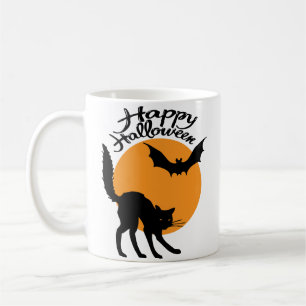Halloween black cat and bat with moon, halloween coffee mug