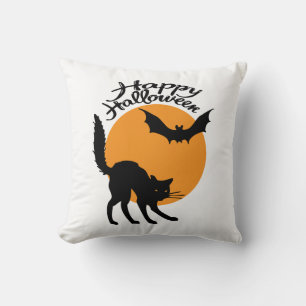 Halloween black cat and bat with moon, halloween cushion