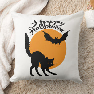 Halloween black cat and bat with moon, halloween cushion