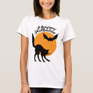 Halloween black cat and bat with moon, halloween T-Shirt