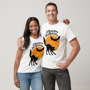 Halloween black cat and bat with moon, halloween T-Shirt