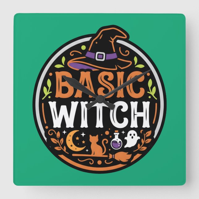 Halloween: black cat and ghost – Basic Witch. Square Wall Clock (Front)