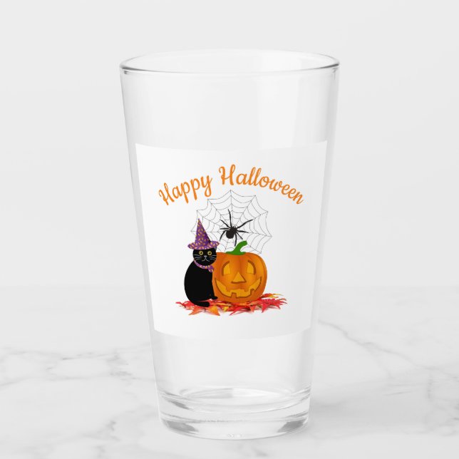 Halloween Black Cat and Jack O Lantern Party Glass (Front)
