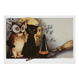 Halloween Black Cat and Owl Poster