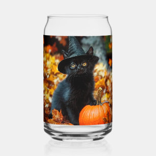 Halloween Black Cat and Pumpkin Can Glass