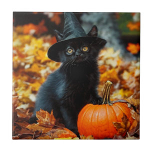 Halloween Black Cat and Pumpkin Ceramic Tile