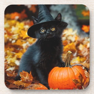 Halloween Black Cat and Pumpkin Coaster