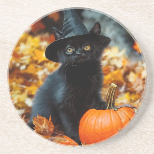 Halloween Black Cat and Pumpkin Coaster