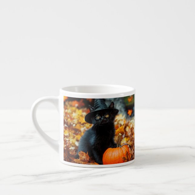 Halloween Black Cat and Pumpkin Espresso Cup (Left)