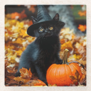 Halloween Black Cat and Pumpkin Glass Coaster