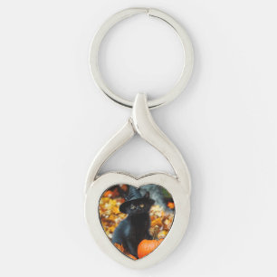 Halloween Black Cat and Pumpkin Key Ring