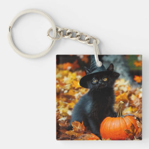 Halloween Black Cat and Pumpkin Key Ring