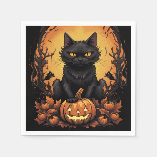 Halloween | Black Cat and Pumpkin Napkin (Front)