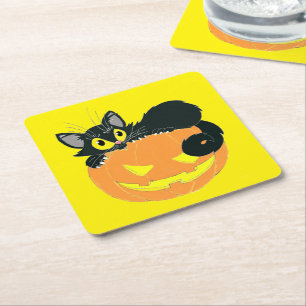 Halloween Black Cat and Pumpkin Square Paper Coaster